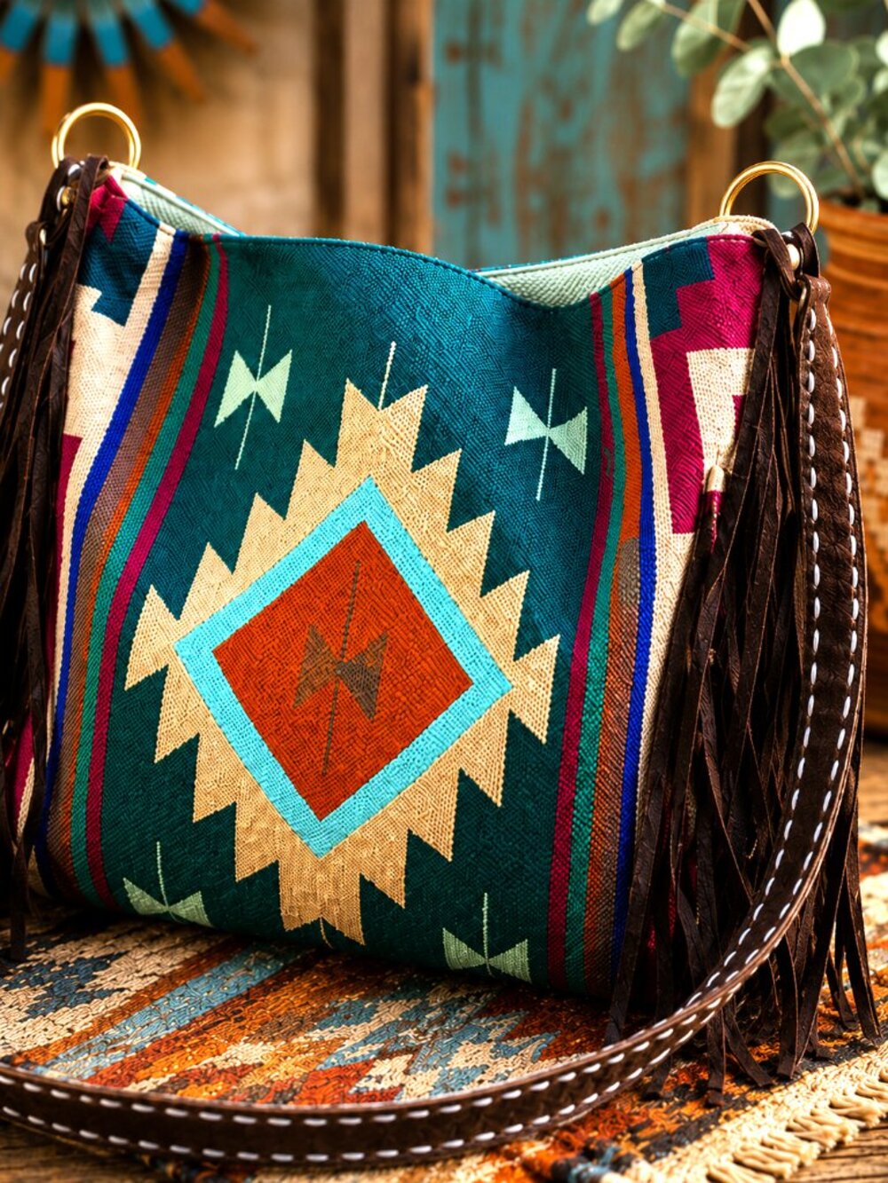 Southwestern Green Fringe Tote Bag Purse Faux Leather Boho Western Aztec Canvas
